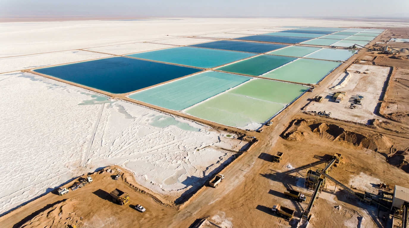 Vista aérea de operação de mineração de lítio no deserto do Atacama com lagoas de extração azuis e salinas brancas