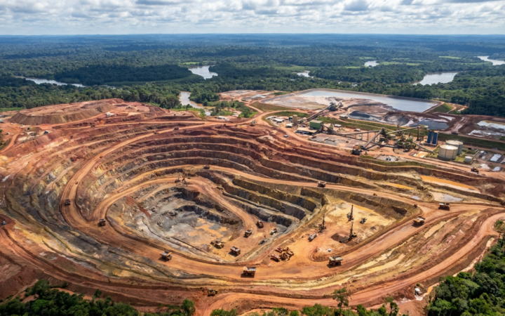 Vista aérea de mina de ouro a céu aberto no Brasil com maquinário industrial e terraços escavados em grande escala
