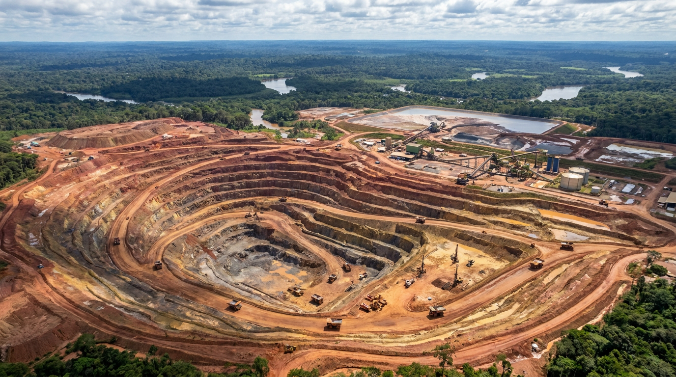Vista aérea de mina de ouro a céu aberto no Brasil com maquinário industrial e terraços escavados em grande escala