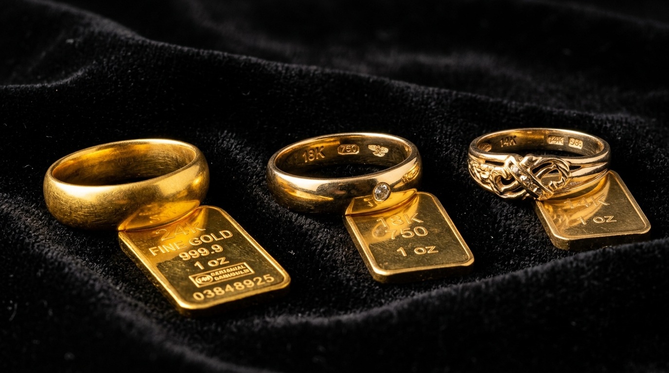 Anéis e barras de ouro 24k, 18k e 14k em veludo preto com iluminação profissional