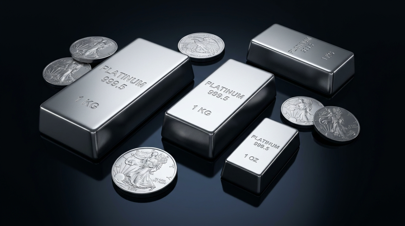 Lingotes e moedas de platina sobre superfície escura reflexiva representando investimento em platina