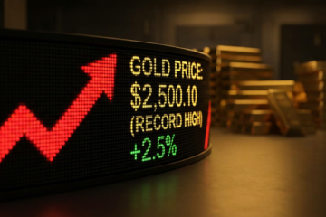 Display de cotação do ouro mostrando preço recorde com barras de ouro ao fundo em conceito de mercado financeiro