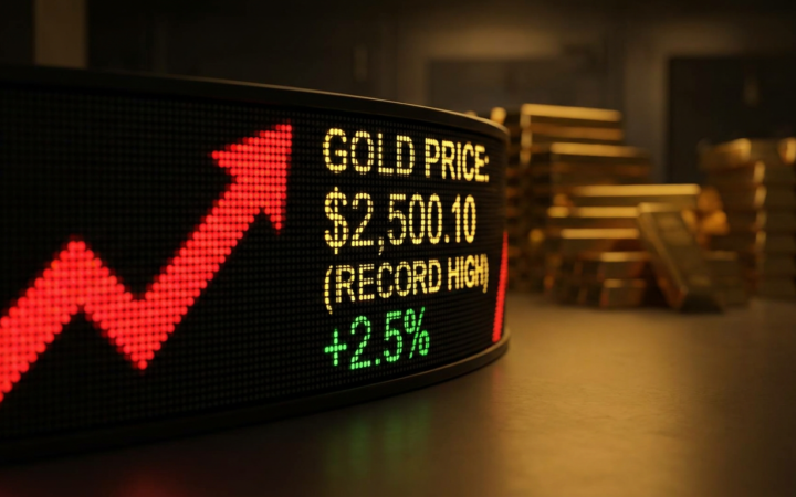 Display de cotação do ouro mostrando preço recorde com barras de ouro ao fundo em conceito de mercado financeiro