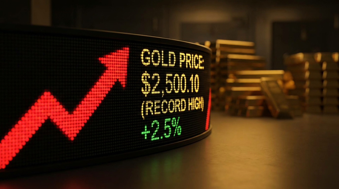 Display de cotação do ouro mostrando preço recorde com barras de ouro ao fundo em conceito de mercado financeiro