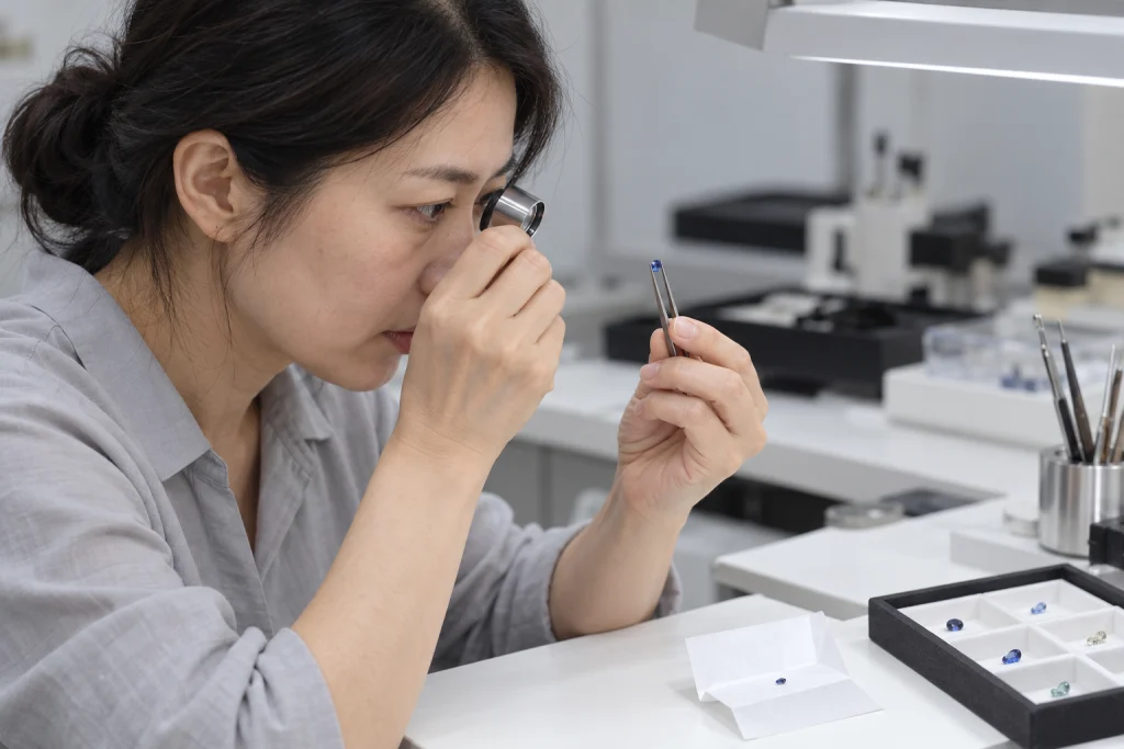 Gemóloga coreana examina safira azul com lupa